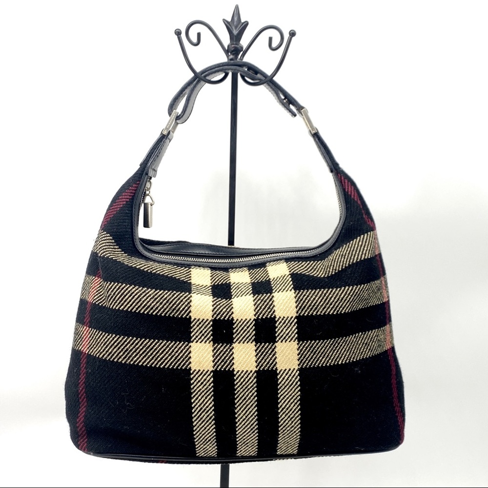 BURBERRY NOVA CHECK PLAID BLACK WOOL LEATHER SHOULDER HAND BAG ZIP MEDIUM